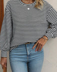 Women Stripe Round Neck Shoulder Long Sleeve Top