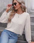 Women Stripe Round Neck Shoulder Long Sleeve Top