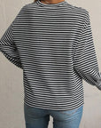 Women Stripe Round Neck Shoulder Long Sleeve Top