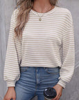 Women Stripe Round Neck Shoulder Long Sleeve Top