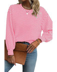 Women Stripe Round Neck Shoulder Long Sleeve Top