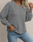 Women Stripe Round Neck Shoulder Long Sleeve Top