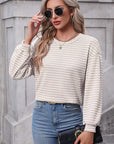 Women Stripe Round Neck Shoulder Long Sleeve Top