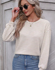 Women Stripe Round Neck Shoulder Long Sleeve Top