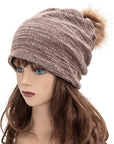 Faux Fur Pom Cotton Blend Slouchy Beanie