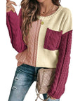 Women Colorblock Patched Pocket Shoulder Sweater