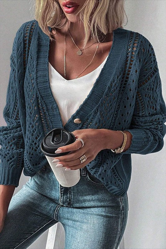 Women  Open Knit Drop Shoulder Sweater Cardigan