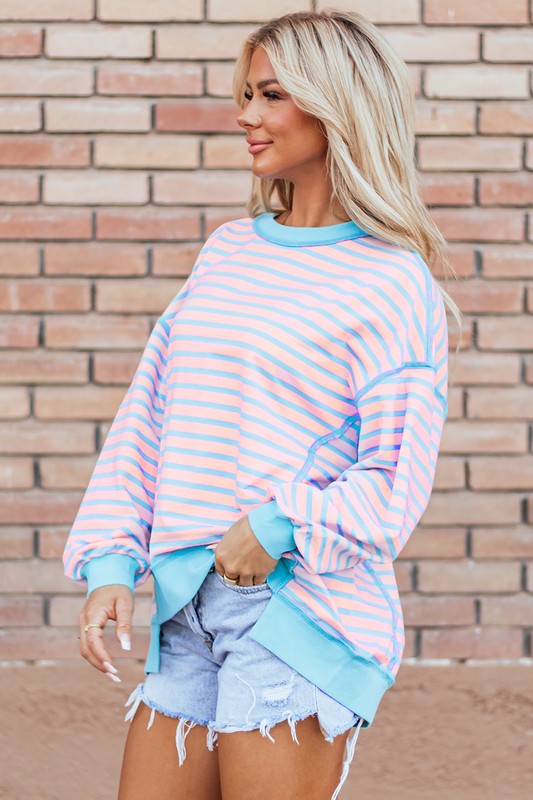 Stripe Contrast Trim High Low Pullover Sweatshirt