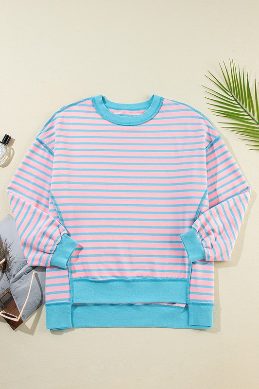 Stripe Contrast Trim High Low Pullover Sweatshirt