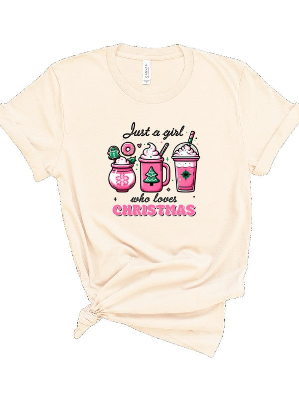 Pink Just a Girl Who Loves Christmas Graphic Tee