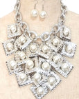 Layered Flat Square Link Fringe Pearl Statement Necklace Set