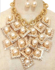 Layered Flat Square Link Fringe Pearl Statement Necklace Set