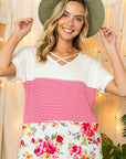 e Luna Solid Striped Floral Jersey Top