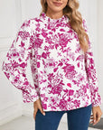 Floral Print Flounce Sleeve Keyhole Back Blouse