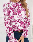 Floral Print Flounce Sleeve Keyhole Back Blouse