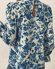 Floral Print Flounce Sleeve Keyhole Back Blouse