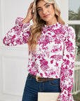 Floral Print Flounce Sleeve Keyhole Back Blouse