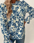 Floral Print Flounce Sleeve Keyhole Back Blouse