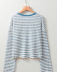 Stripe Textured Frilly Trim Henley Long Sleeve Top