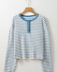 Stripe Textured Frilly Trim Henley Long Sleeve Top