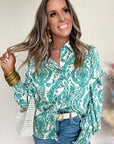 Women Print Smocked Cuff Buttoned Loose Shirt