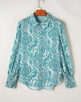 Women Print Smocked Cuff Buttoned Loose Shirt