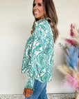 Women Print Smocked Cuff Buttoned Loose Shirt