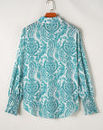 Women Print Smocked Cuff Buttoned Loose Shirt