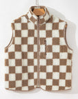 Women Khaki Checkered Sherpa Collared Jacket Vest