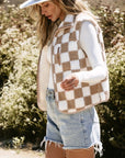 Women Khaki Checkered Sherpa Collared Jacket Vest