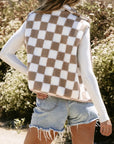 Women Khaki Checkered Sherpa Collared Jacket Vest