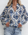 Blue Tribal Pattern Buttoned Front Loose Shirt