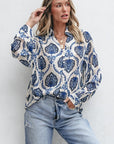 Blue Tribal Pattern Buttoned Front Loose Shirt