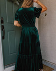 Women Short Sleeve Shirred Waist Tiered Maxi Dress