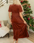 Women Short Sleeve Shirred Waist Tiered Maxi Dress