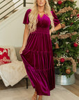 Women Short Sleeve Shirred Waist Tiered Maxi Dress