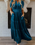 Women Short Sleeve Shirred Waist Tiered Maxi Dress