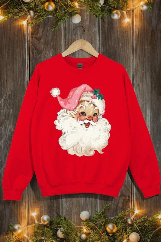 Retro Pink Santa Graphic Fleece Sweatshirts