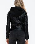 Snobbish Faux Leather Zip Up Drawstring Hooded Jacket