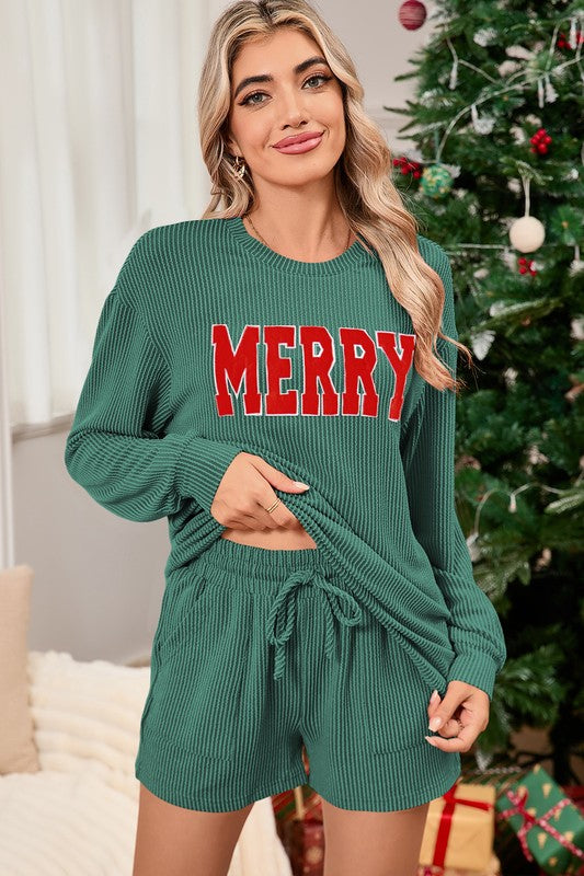 Corded MERRY Long Sleeve Top and Shorts Pajama Set