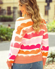 Rose Red Wave Striped Balloon Sleeve Drop Sweater