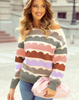 Rose Red Wave Striped Balloon Sleeve Drop Sweater