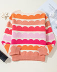 Rose Red Wave Striped Balloon Sleeve Drop Sweater