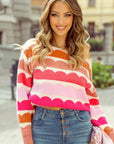 Rose Red Wave Striped Balloon Sleeve Drop Sweater