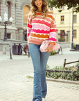 Rose Red Wave Striped Balloon Sleeve Drop Sweater