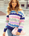 Rose Red Wave Striped Balloon Sleeve Drop Sweater