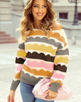 Rose Red Wave Striped Balloon Sleeve Drop Sweater