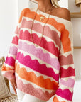 Rose Red Wave Striped Balloon Sleeve Drop Sweater