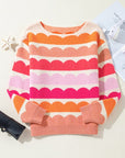 Rose Red Wave Striped Balloon Sleeve Drop Sweater