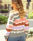 Rose Red Wave Striped Balloon Sleeve Drop Sweater